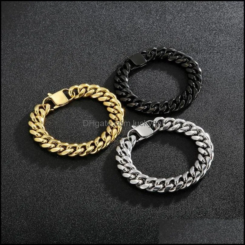 Link, Chain 14mm Curb Cuban Golden Hip Hop Dubai Link Men`s Stainless Steel Bracelet Jewelry
