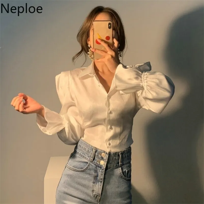 Chic Retro Turn Down Collar Puff Long Sleeve Stain Blouse Slim Fit Single Breast Blusas Back Lace Up Bow Design Shirt 210422