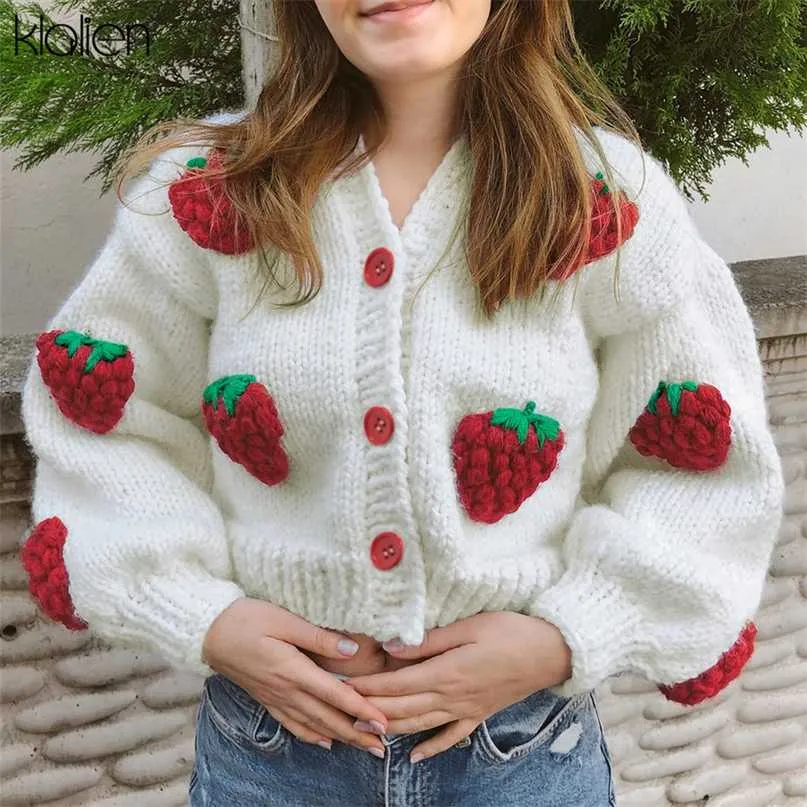 Klalien 패션 우아한 귀여운 프린트 딸기 싱글 브레스트 스웨터 여성 가을 ​​두꺼운 따뜻한 카디건 스웨터 스트리트웨어 211221