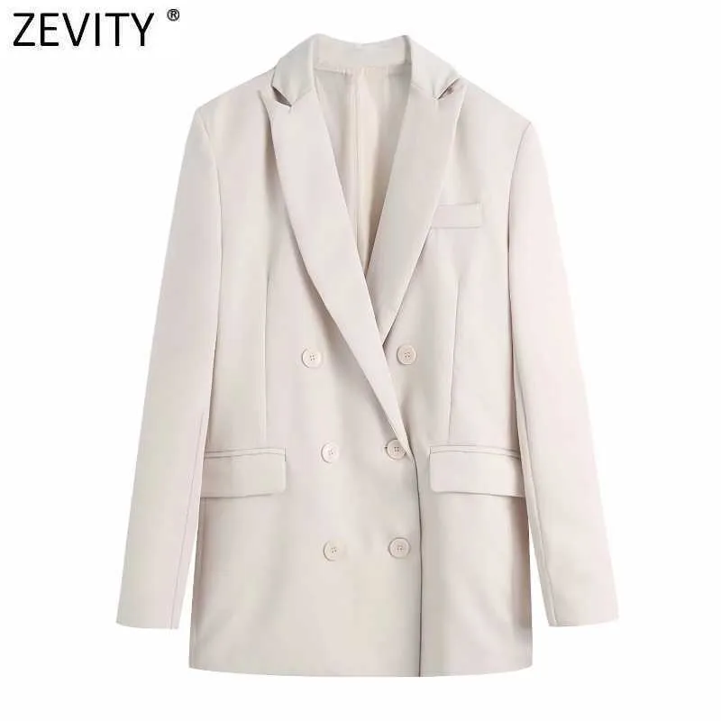 Zeefity Dames Mode Double Breasted Casual Blazer Jas Vintage Femme Lange Mouw Pocket Bovenkleding Chic BusinsLim Tops CT717 X0721