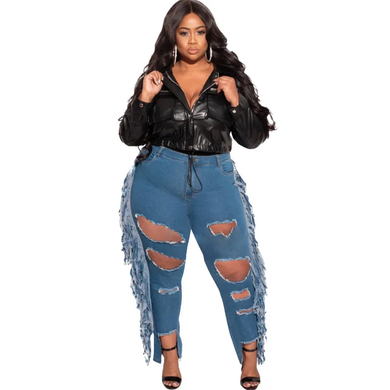 Womens Plus Size Ripped Denim Jeans with Tassels, Washed Blue