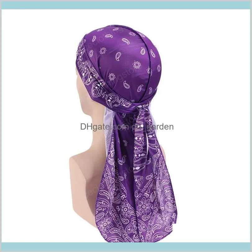 premium men silky durag paisley design printing silky durags long straps headwear head scarf waves do doo du rag turban headwear