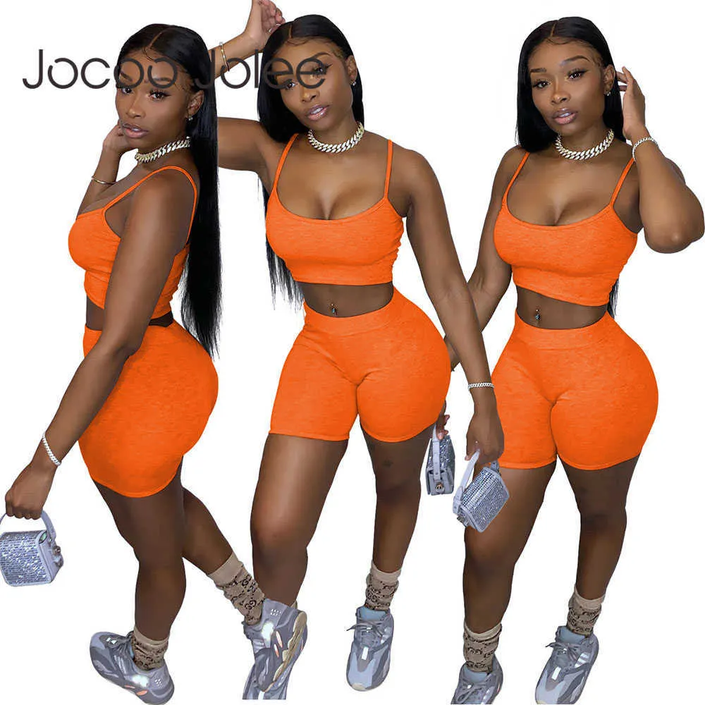 Jocoo Jolee Two Piece Sets Fitness Crop Tank Top and High Waist Jogging Short Pants Sexy Camis Shorts Suits Casual Tracksuits 210619