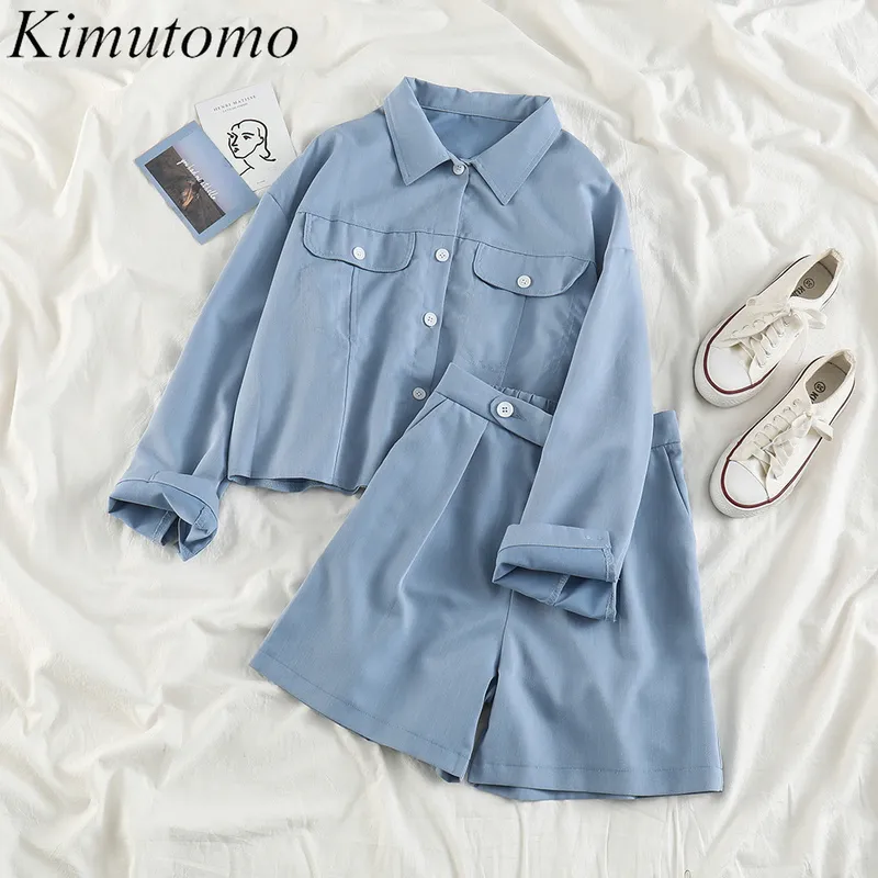 Kimutomo Safari Style Two Piece Sets Women Turn-down Collar Single Breasted Solid Blouse and High Waist Zipper Fly Pants Casual 210521