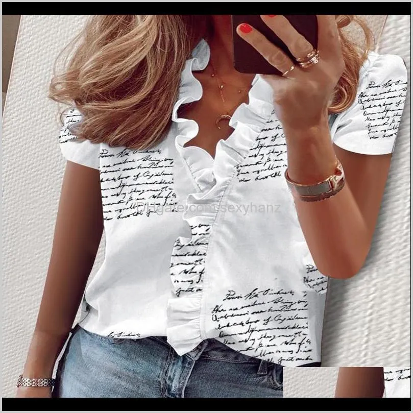 plus size lady daisy pineapple print ruffle blouse shirts office 2020 summer short sleeve elegant blouses women sexy v-neck tops1