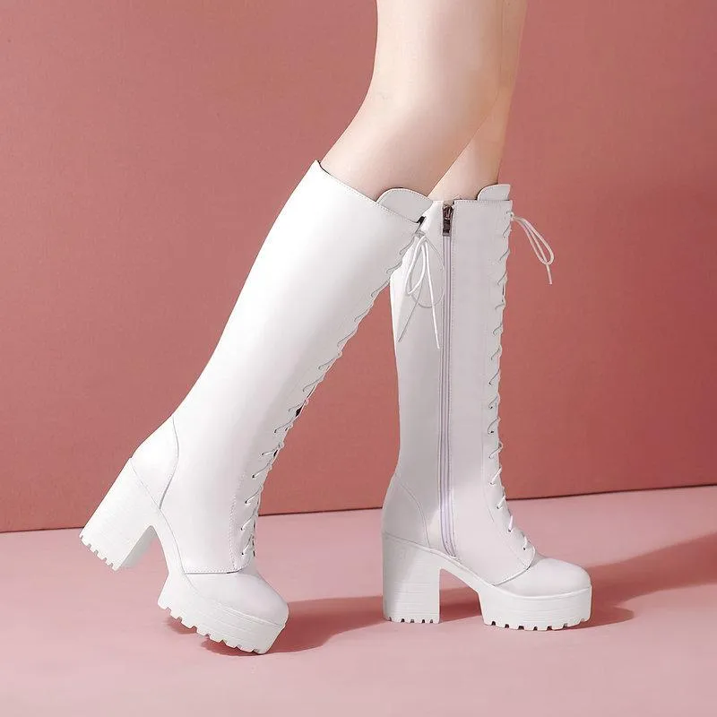 Boots Autumn Women Platform Knee High Pu Leather Chunky Heel Long Lace-up Zipper Woman's Shoes Black White