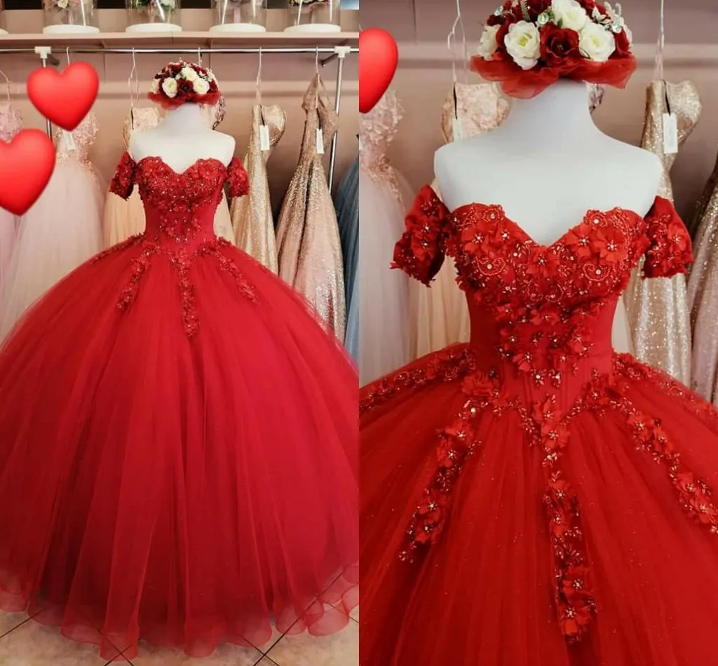 2022 Red Princess Prom Klänningar från axelbollen Gownb Tulle Floral Flowers Beading Sweet 16 Dress Girls Party