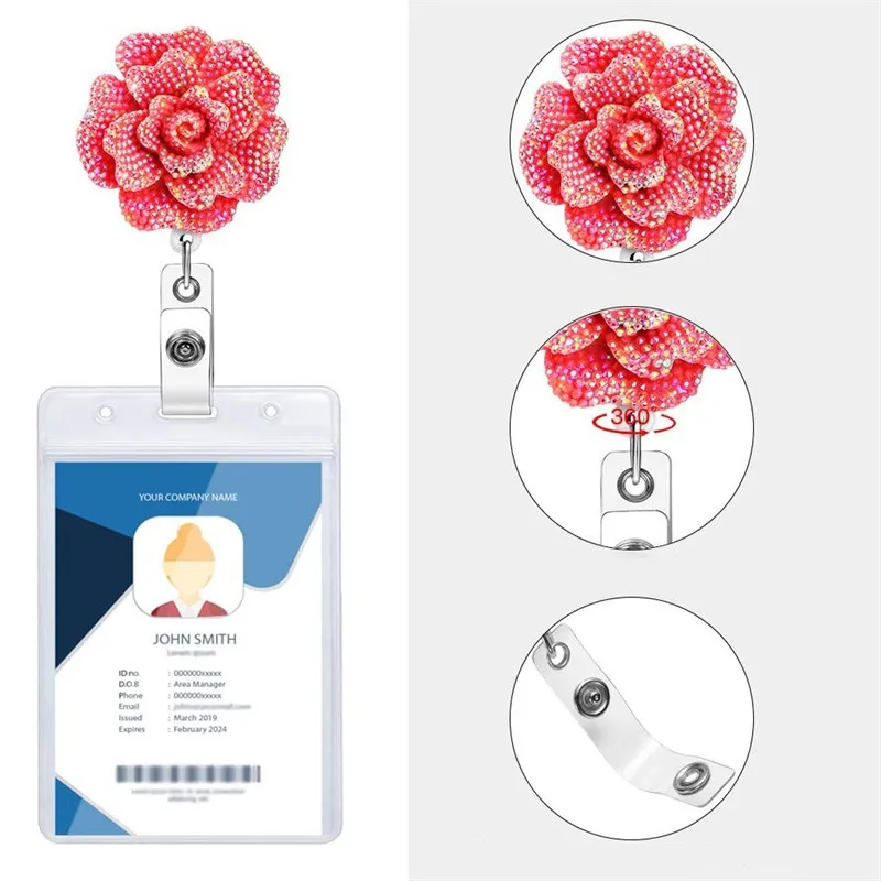 Retractable Badge Holder with Alligator Clip Flower Shaped AB Rhinestones 24 inch Retractable Cord ID Badges Reel for School Office