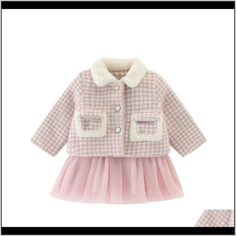 winter baby girl`s sweet plaid dress + jacket warm fluffy dress fashion fur collar princess suit kids 201028
