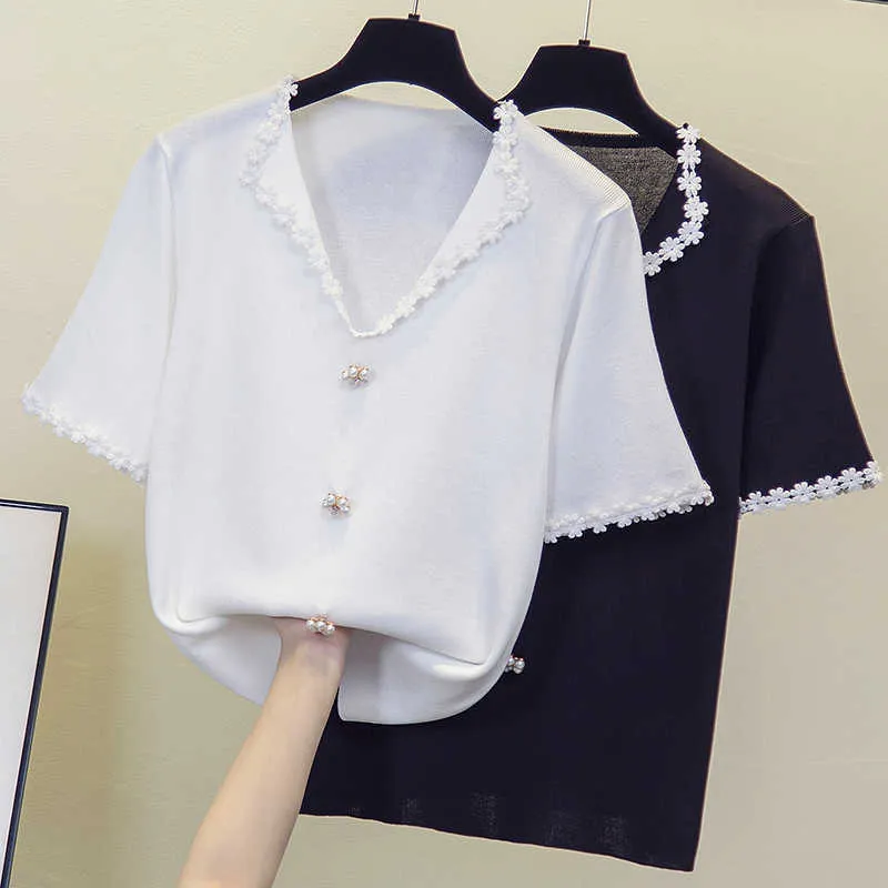 Pull surdimensionné à manches courtes à manches courtes pour femmes Pull tricoté Pulls à col en V Coréen Blanc Pull Femme Jumper Femme 210604