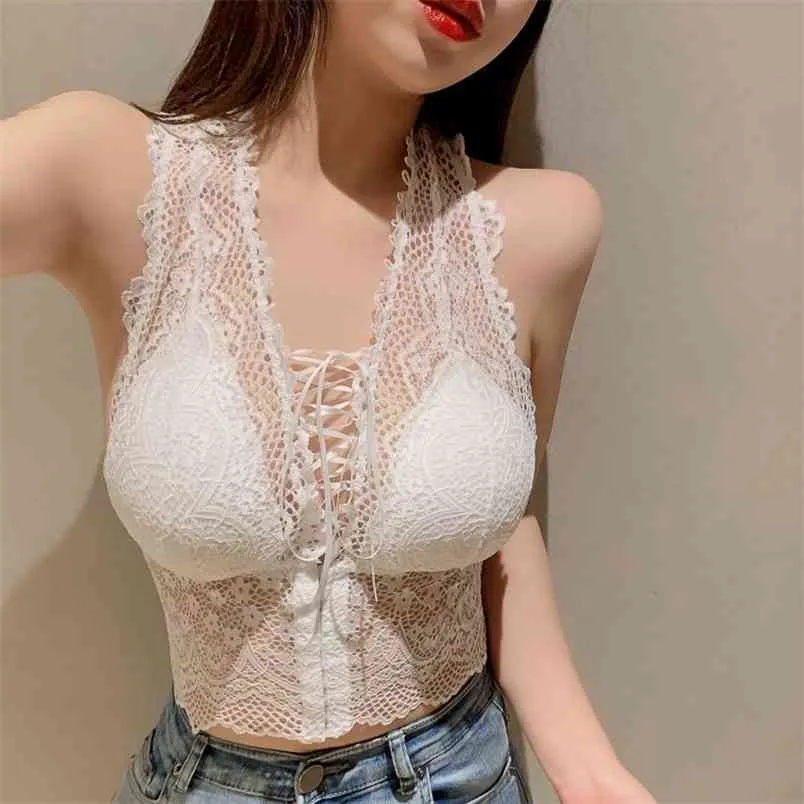 Dentelle Sexy Crop Tops T-shirts Femmes Avant Cravate Sans Manches Cami D'été Blanc Col En V Spaghetti Strap Party Club 210507