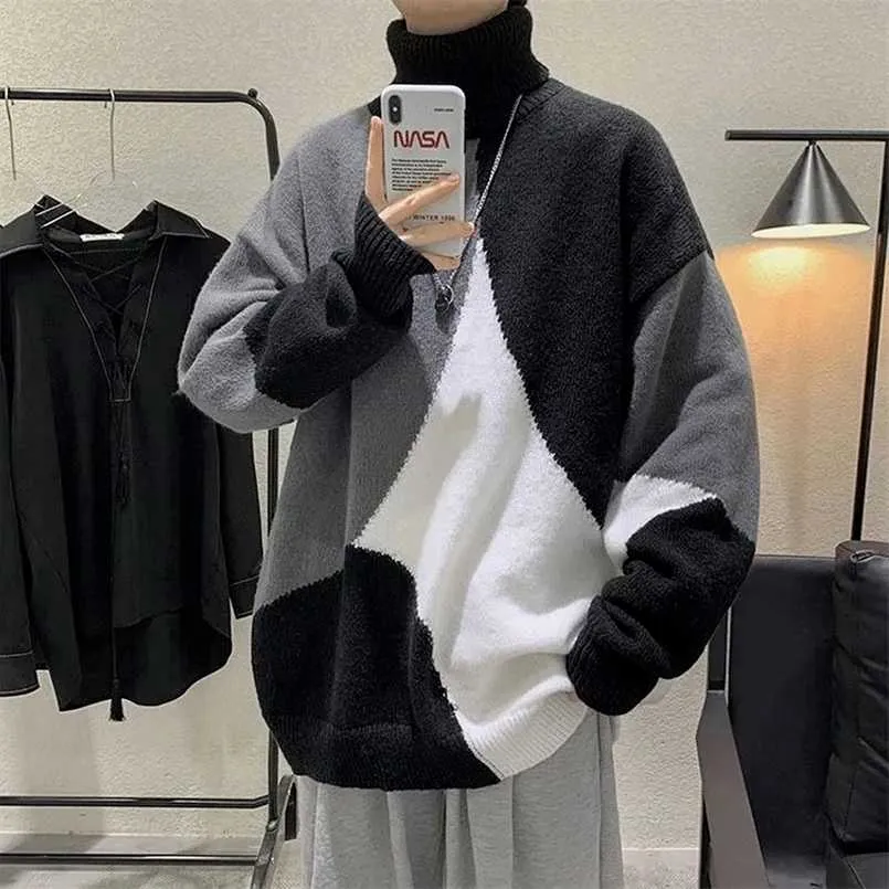 Sweaters de retalhos homens camisolas de turtleneck superdimensed homens streetwear coreano moda moda homens camisola de inverno manga longa 211006