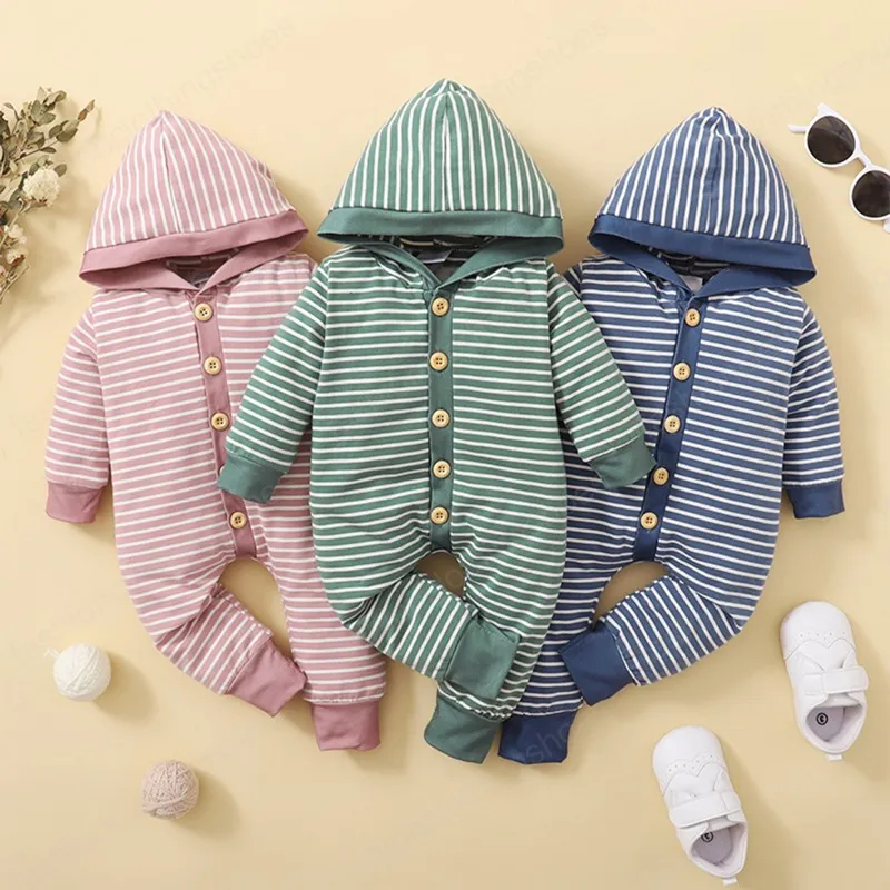 Baby Strip Hooded Bodysuit Stripe Långärmad Rompers knäppta krage Jumpsuit utan Pocket Kids kläder