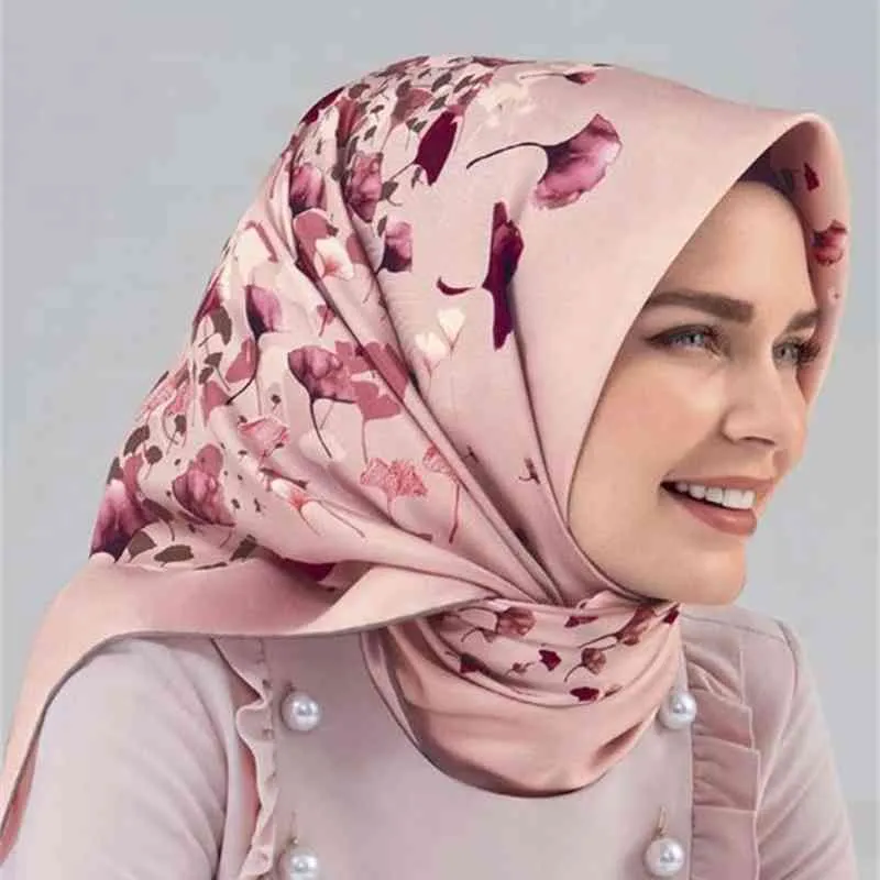 Custom Digital Print Turkish Square Muslim Hijab Pink Silk Shawl By