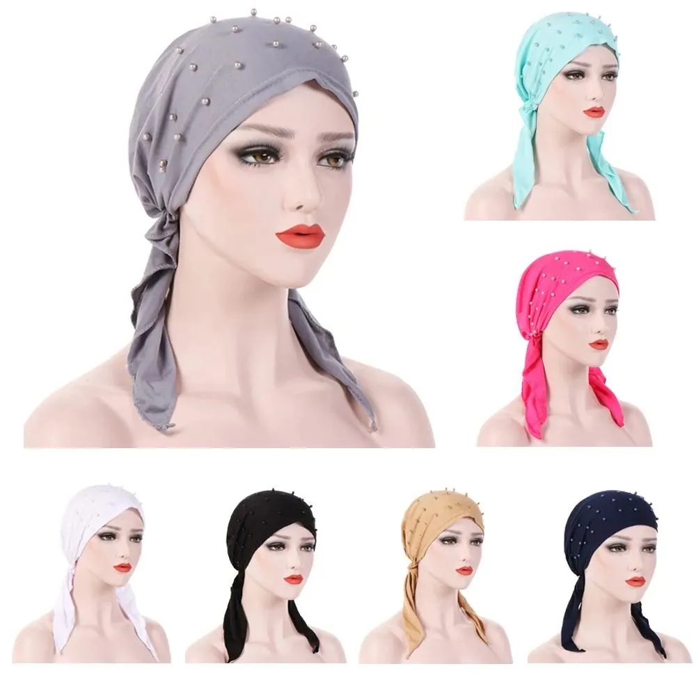 Muzułmańskie Kobiety Bandana Hidżab Kapelusz Cancer Chemo Cap Hair Loss Head Scarf Turban Wrap Islmaic Nakrycia głowy Koraliki Stretch Arab Converscarf