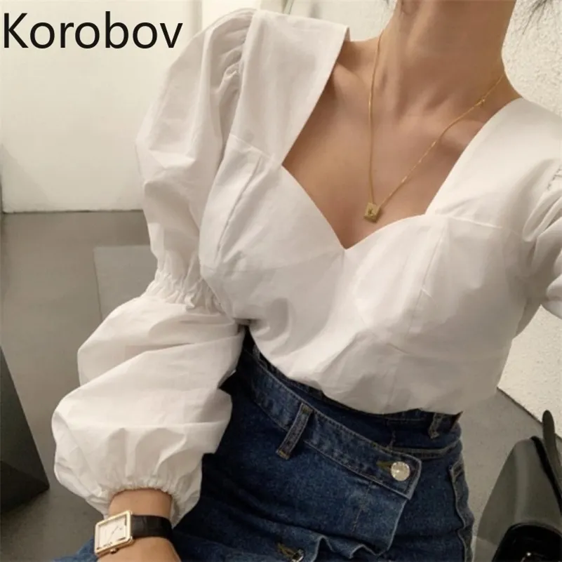 Korobov Elegant White Bandage Slim Women Blouses Vintage Puff Long Sleeve Blusas Mujer New Chic Female Shirts 210430