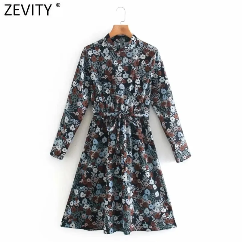 Kvinnor Vintage Stand Collar Floral Print Lace Up Kneeth Dress Office Långärmad Vestido Casual Slim Dresses DS4789 210420