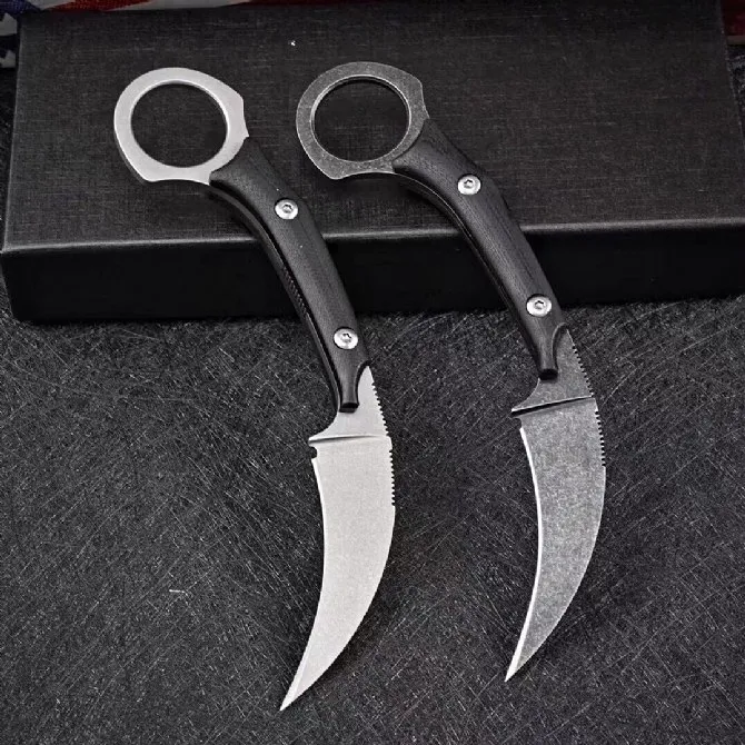 Lâmina fixa Karambit Karambit D2 Branco / Preto Lavagem de Pedra Lâmina Full Tang G10 Lidar com Facas de Claw com Kydex