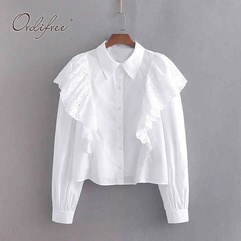 Summer Women White Ruffle Shirt Long Sleeve Office Lady Casual Embroidery Female Blouse Tops 210415