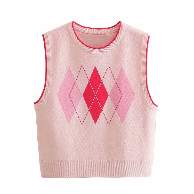 Evfer Menina chique de malha argyle rosa za curto colete colete mulheres casual primavera sem mangas o-pescoço suéteres feminino jumpers bonitos 210421