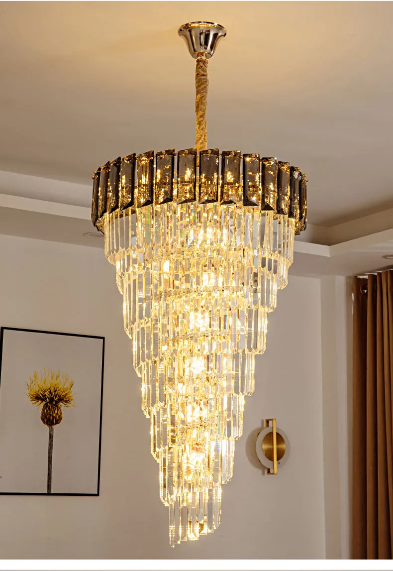 LED E14 Luxury Crystal Golden Long Chandelier Duplex Building Hollow Hanging Light Fixture Large Lamp Modern Villa Hall Stairs