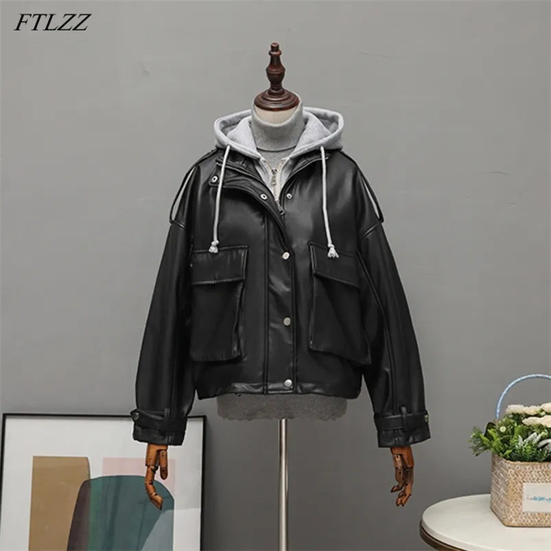 Automne Hiver Capuche Noir Pu Faux Cuir Souple Veste Streetwear Fermeture Éclair Grande Poche Lâche Moto Biker Manteau Court Outwear 210430