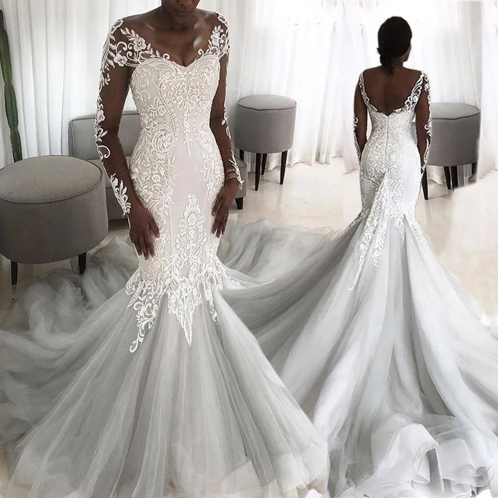 Afrikanska Lace Mermaid Bröllopsklänningar Brudklänningar Robe de Soiree Illusion Back Ivory Tulle Princess Lång tåg Brudklänning med fulla ärmarapplikationer