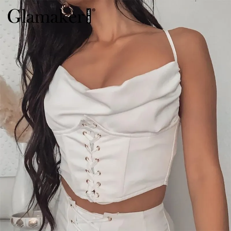 Glamaker الدانتيل يصل الحرير الكشكشة المحاصيل الأعلى المرأة أكمام بلون الصيف خزان الأعلى bodycon مثير ربيع حزب كاميس الأعلى 210412