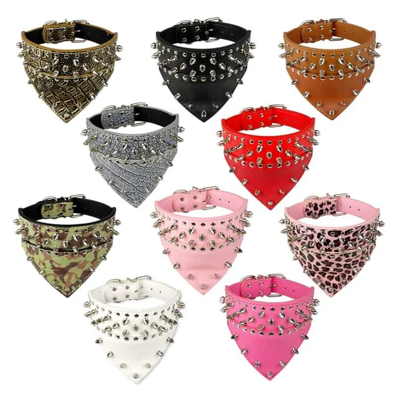 2" Wide Pet Dog Bandana Collars Leather Spiked Studded Pet Dog Collar Scarf Neckerchief Fit For Medium Large Dogs Pitbull Boxer 211006