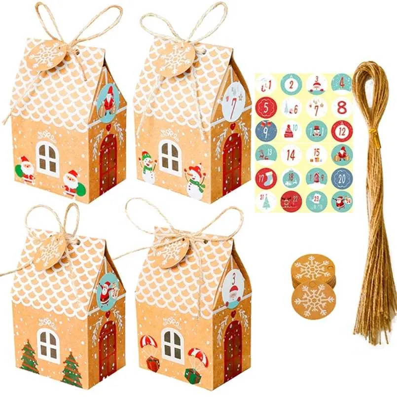 A5KB 24 Sets Christmas House Gift Box Kraft Paper Cookies Candy Bag Snowflake Tags 1-24 Advent Calendar Stickers Hemp Rope Party 211019