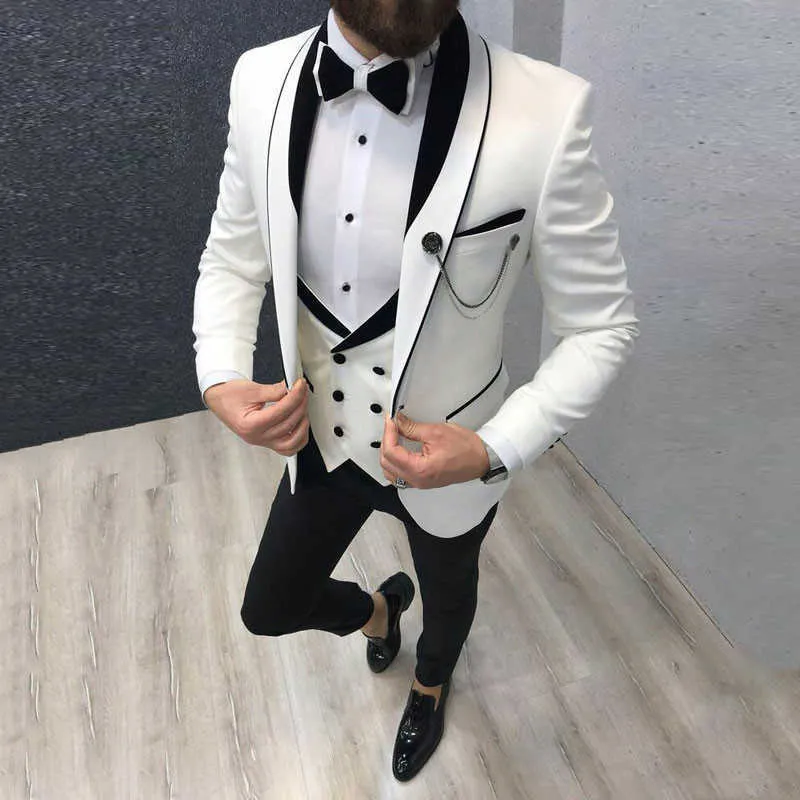 最新のコートパンツのデザインホワイトメンズクラシックスーツの結婚式のハンサムな新郎TuxedoスリムフィットTerno Masculino Prom Party 3 Pied x0909