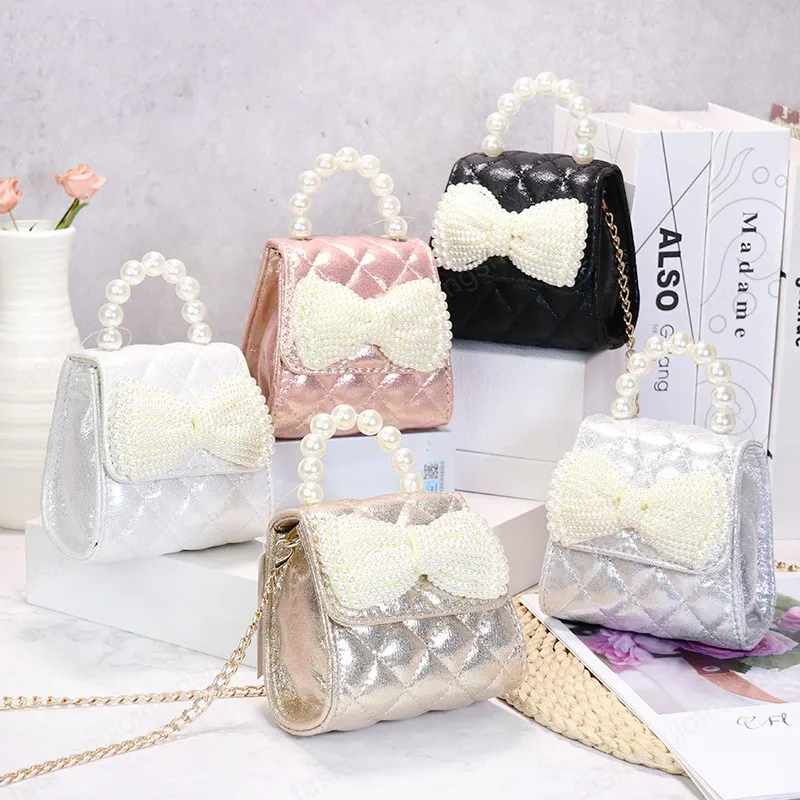 Kids Handbags Fashion Bag Girls Bags Children Accessories Summer Mini Women Purse Children's Shoulder Messenger Handbag Bowknot Princess Chain Pearl