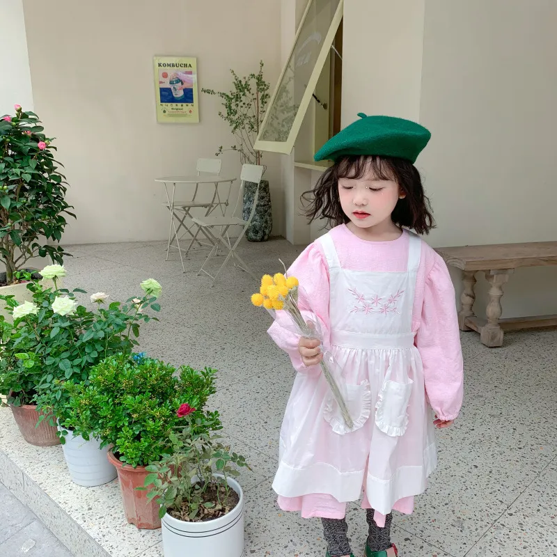 Wiosna Baby Girls Floral Haft Maid Stroje Bawełniane Księżniczka Sukienka 2 sztuk Zestawy Kids Fartuch 210508