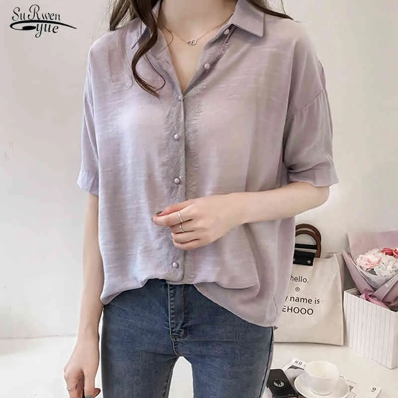 Plus Size Women Blouse Tops Summer Short Sleeve Chiffon Shirt Solid Cardigan Ladies Blusas Mujer De Moda 8674 50 210508