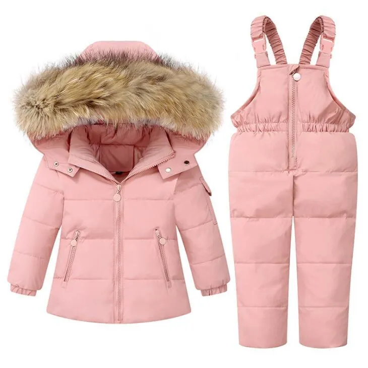 Manteau en duvet pour garçons et filles, salopette d'hiver, veste chaude pour enfants, vêtements de neige, ensemble de vêtements à capuche en fourrure pour filles