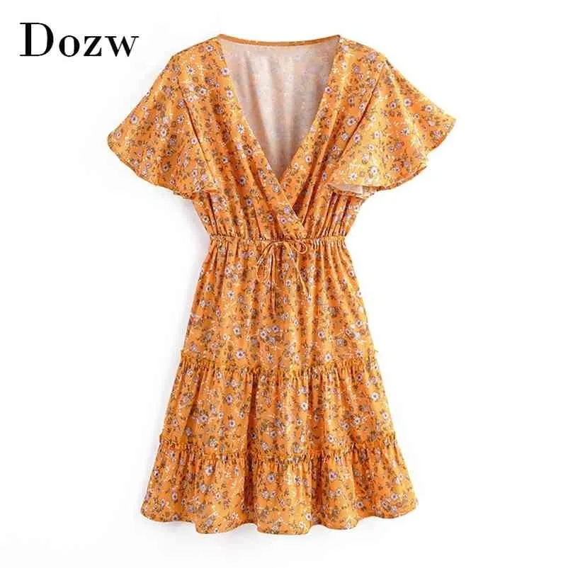 Boho Syle été col en V Mini robe femmes imprimé fleuri à volants plage à manches courtes taille élastique élégant fête es 210515