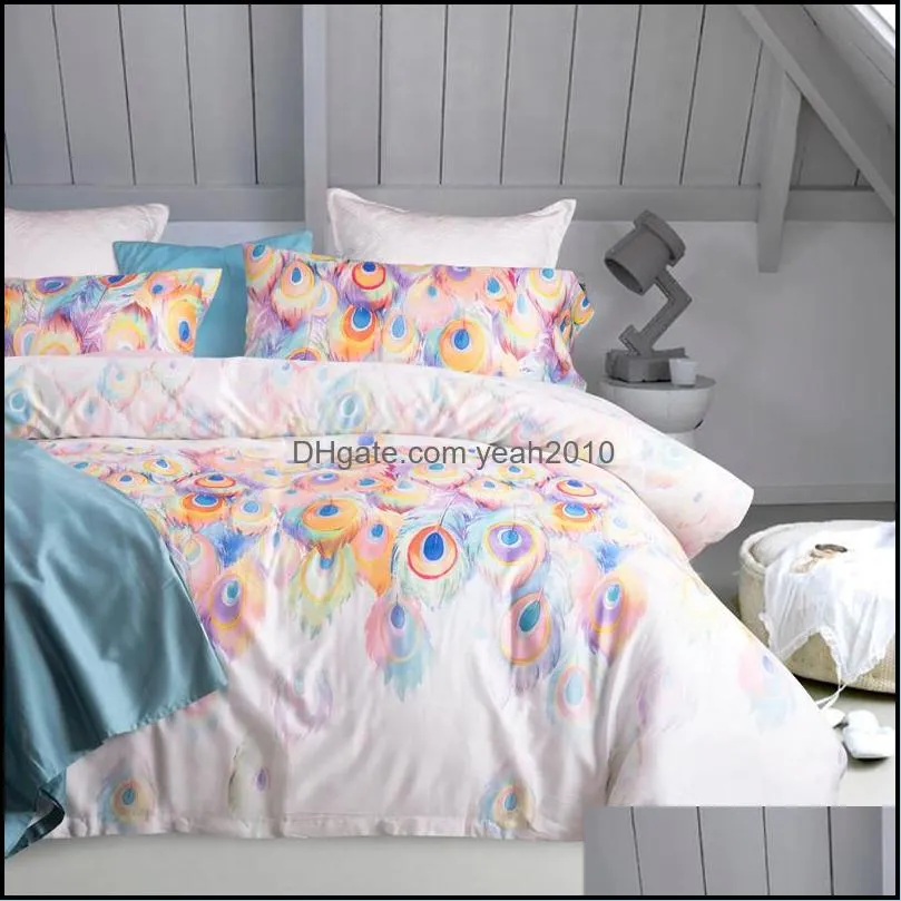60S cotton bed linen green white satin bedding set/bedspread queen king size Peacock duvet cover sheet set 4pcs