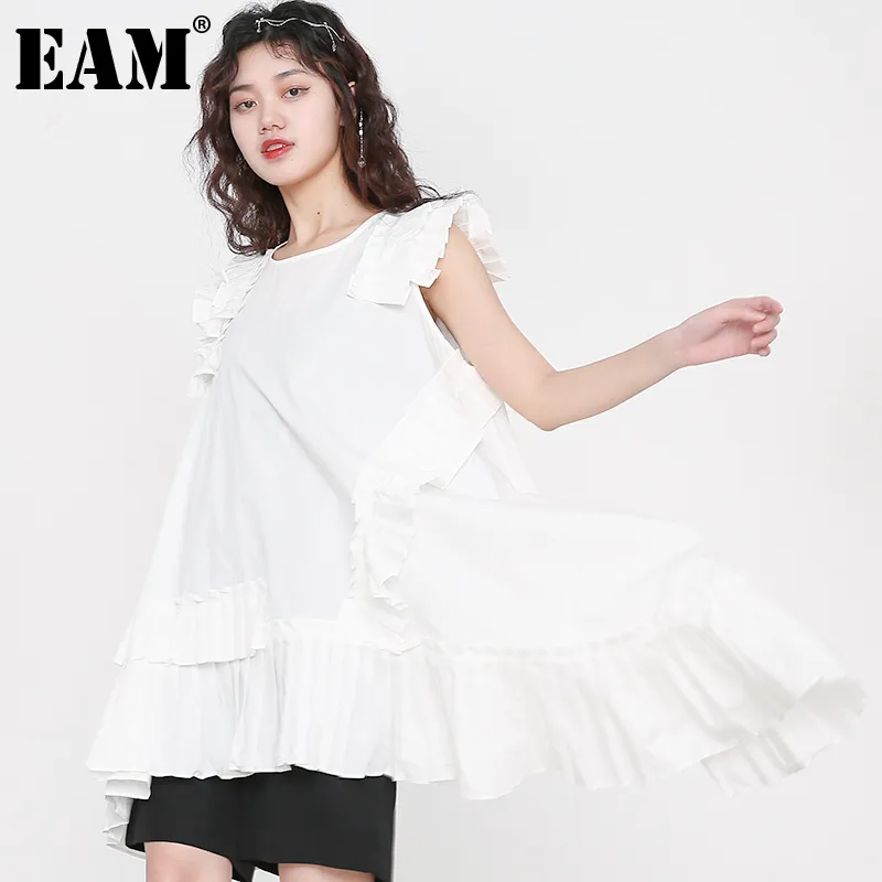 [EAM] Spring Summer Round Neck Sleeveless Blue Irregular Ruffles Pleated Stitch Loose Dress Women Fashion JX33800 210512