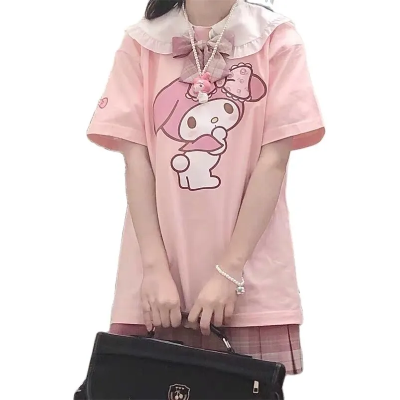 T-shirt manica corta dei cartoni animati di Harajuku Kawaii Girls Girls Pink Top allentato sottile vestiti estivi per le donne Tee shirt carino pullover 210623