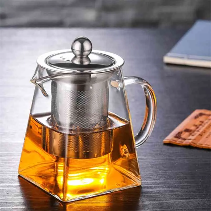 4Sizes Good Clear Borosilicate Glass Teapot With 304 Stainless Steel Infuser Strainer Heat Coffee Sqaure Tea Pot Tool Kettle Set 210813