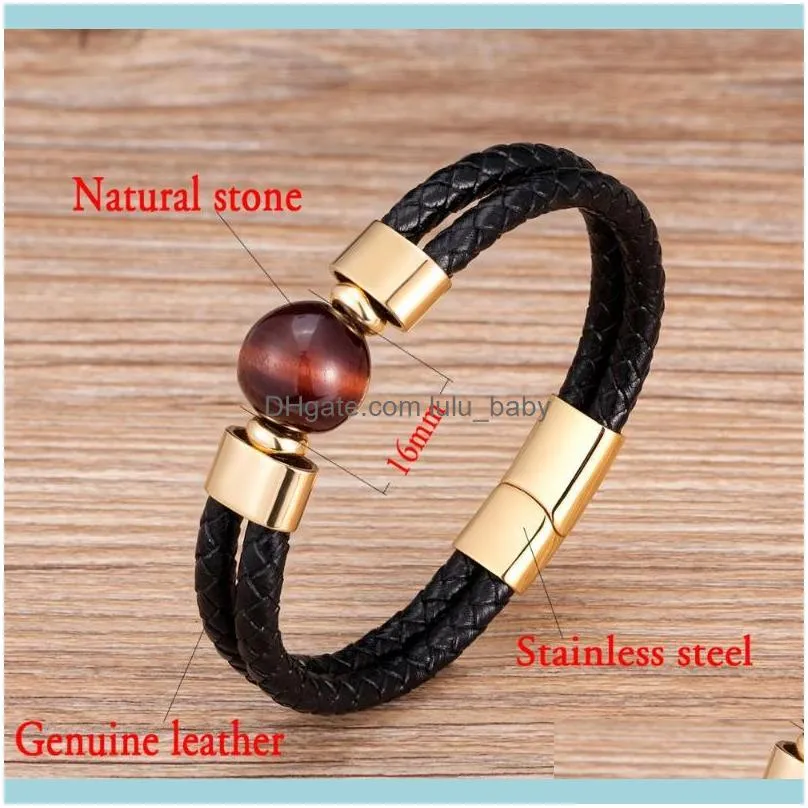 2020 Classic Double Genuine Leather Bracelet Natural Round Tiger Eye Stone Men Bracelets Stainless Steel Magnetic Mens Jewelry