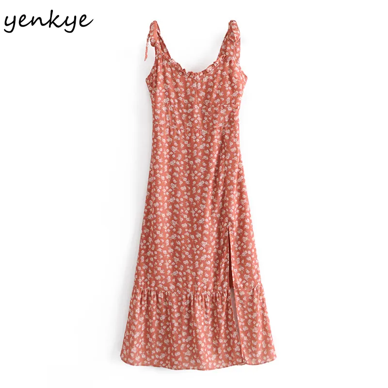 Summer Women Vintage Floral Print Chiffon Dress Female V Neck Sleeveless A-line Midi Holiday Sexy Hem Slits Robe 210430