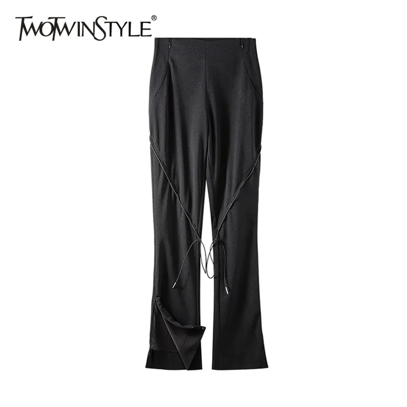 Kadınlar için Rahat Siyah Pantolon Yüksek Bel Lace Up Patchwork Fermuarlar Düz Pantolon Kadın Bahar Moda 210521