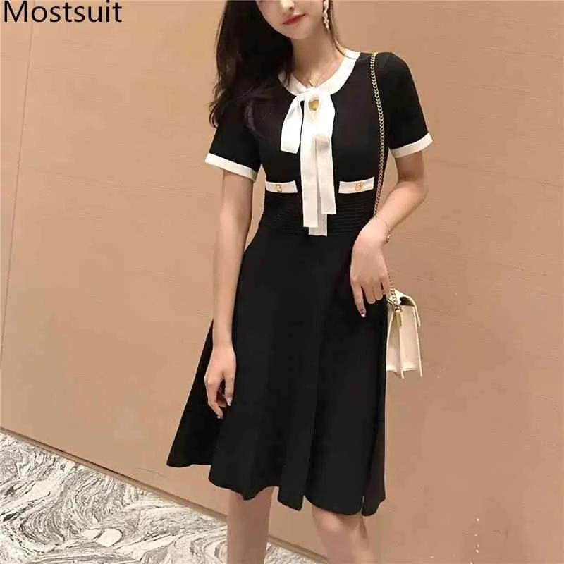 Elegant Vintage Knitted Pleated Dress Women Short Sleeve Bow Collar A-line Dresses Fashion Ladies Party Vestidos Femme 210518