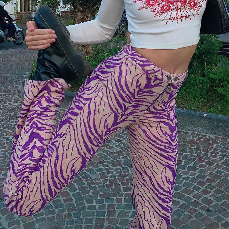 Zèbre imprimé Y2K esthétique violet pantalon évasé femmes taille haute fermeture éclair pantalons longs Animal tigre rayé pantalons de survêtement femme 210415
