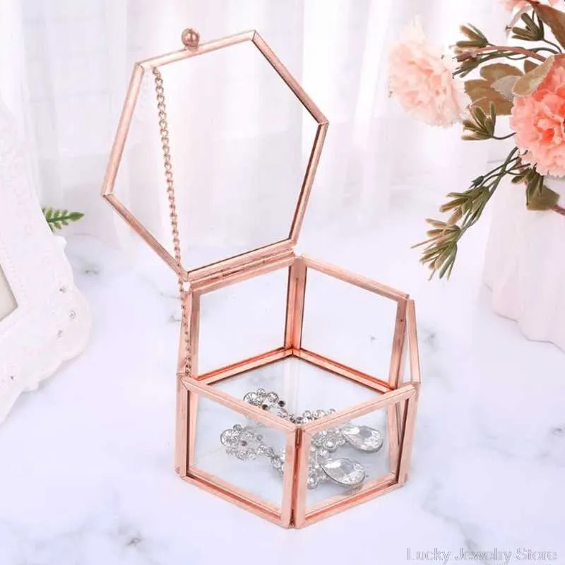 Hexagon Transparent Rose Gold Glass Ring Box Bröllop Geometrisk Clear Smycken Arrangör Tabletopholder M20 21 211013