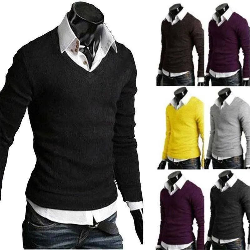 Hommes hiver solide col en V tricoté pull pull à manches longues haut tricots Y0907