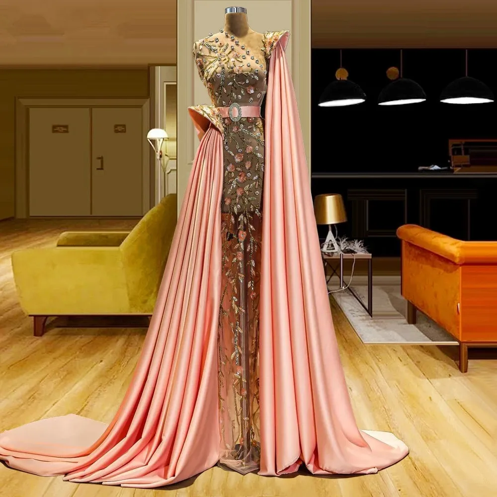 Blush Pink Evening Dress Arabic Dubai Women Prom Wear Long Crystals Celebrity Gowns Robe De Soiree 322