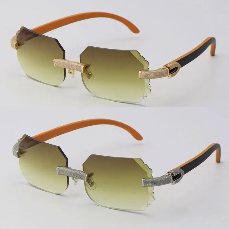 Neue Sonnenbrille mit mikrogepflasterten Steinen, innen orange, schwarzes Holz, randloser Rahmen, 18-Karat-Gold-Holzsonnenbrille für Damen und Herren, geschnitzte UV400-Linse, Autobrille, Größe: 58–18–140 mm