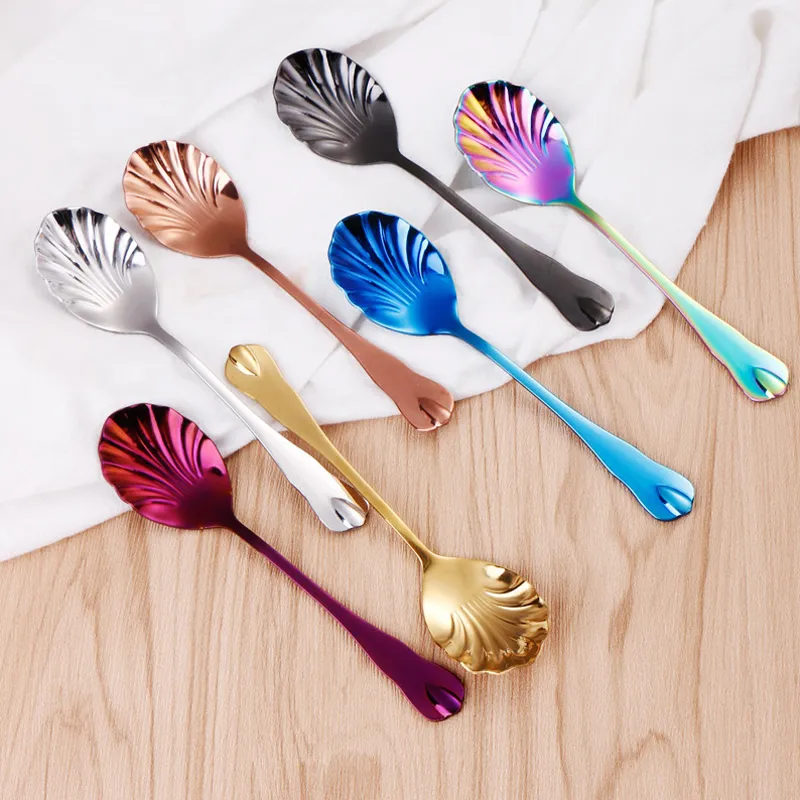 Shell Shape Coffee Spoon Stainless Steel Honey Milk Stirring Spoons Ice Cream Dessert Scoop Kitchen Restaurant Scoops 6 Colors BH6187 TYJ